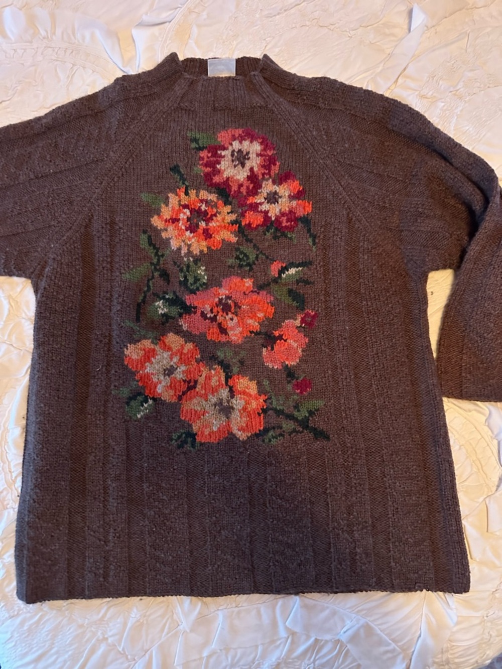 Floral wool Pullover Sweater - Brown with Orange Flower Motif